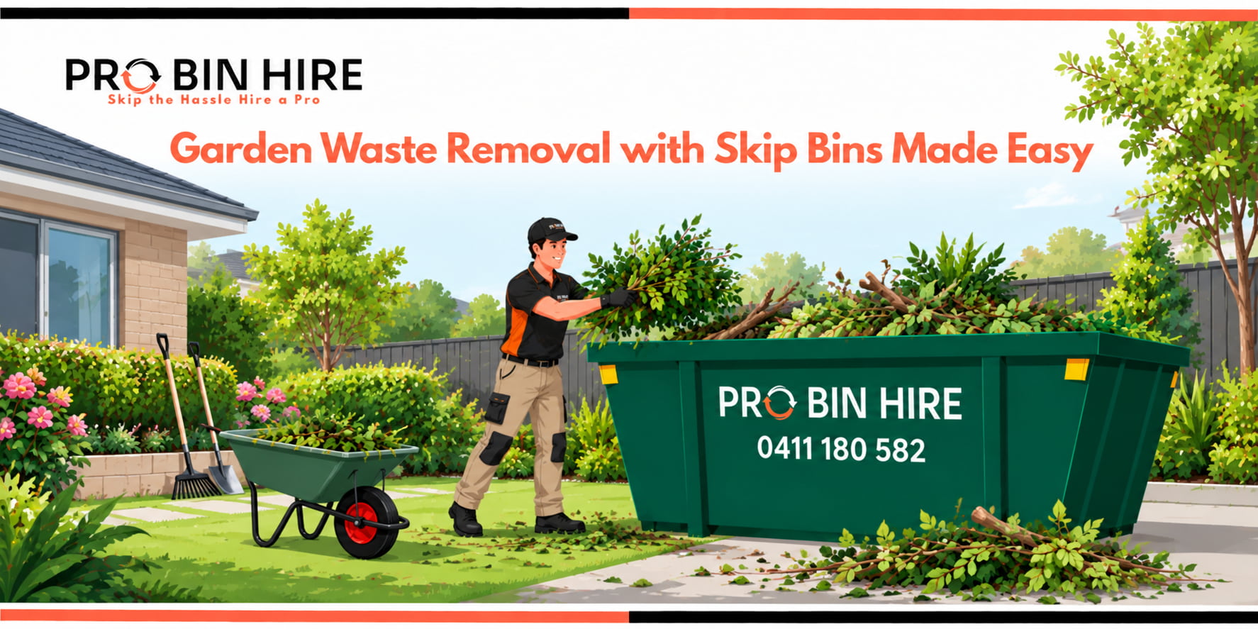 Garden waste removal using a Pro Bin Hire skip bin filled with branches and garden debris