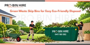 Green waste skip bin filled with branches and garden waste during a garden cleanup