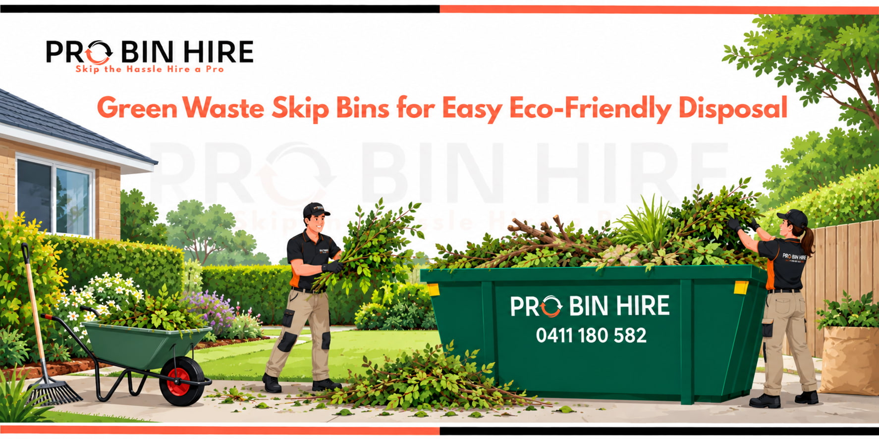 Green waste skip bin filled with branches and garden waste during a garden cleanup