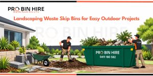 Landscaping waste skip bin filled with garden waste, soil and paving materials during an outdoor project