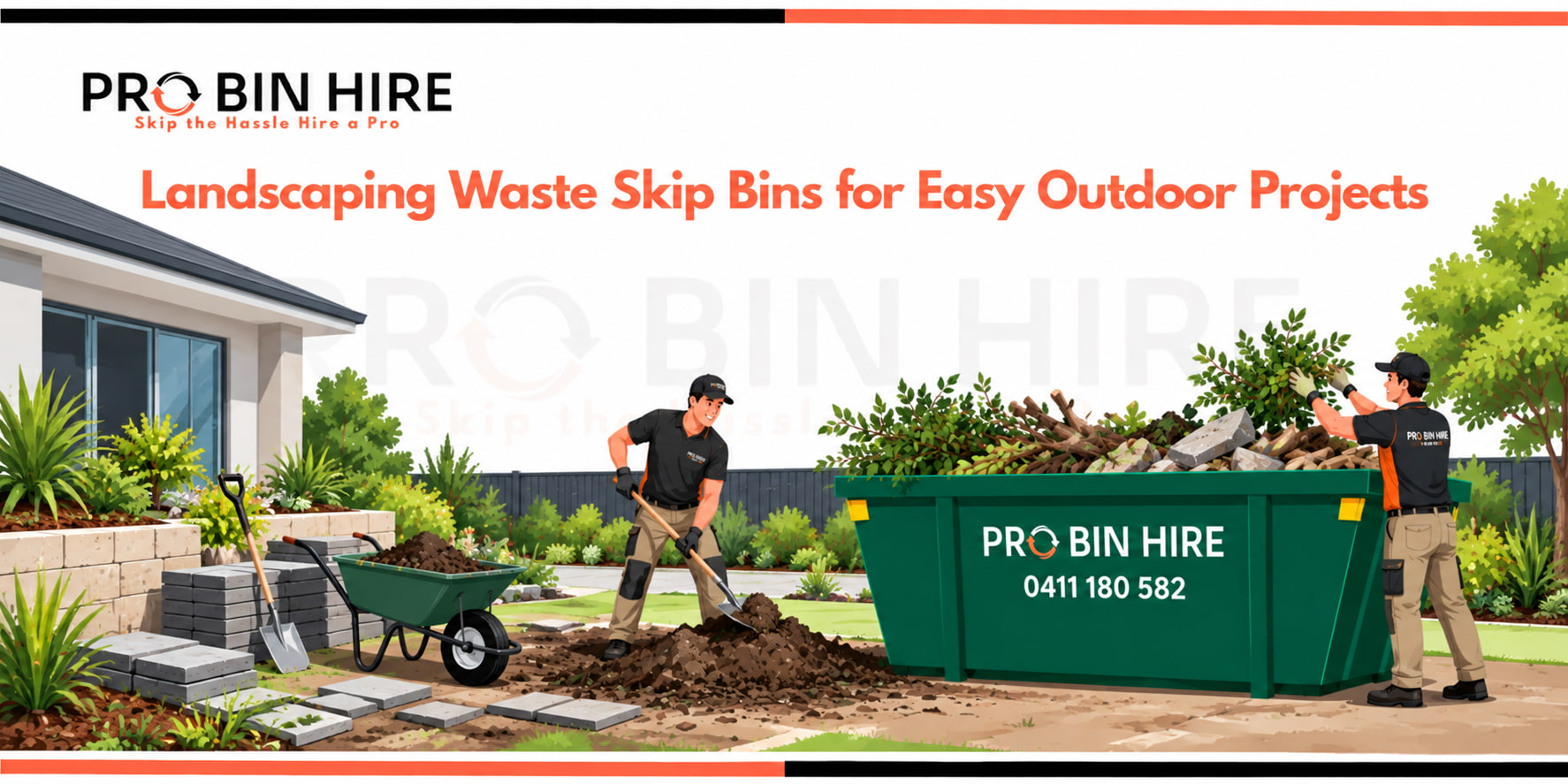 Landscaping waste skip bin filled with garden waste, soil and paving materials during an outdoor project