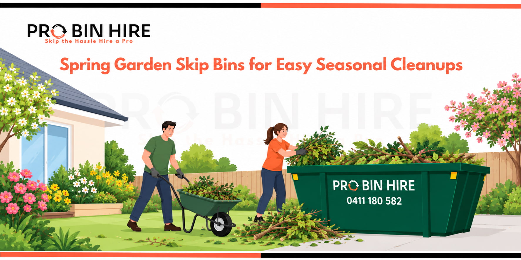 Spring garden skip bin filled with branches and green waste during a seasonal cleanup