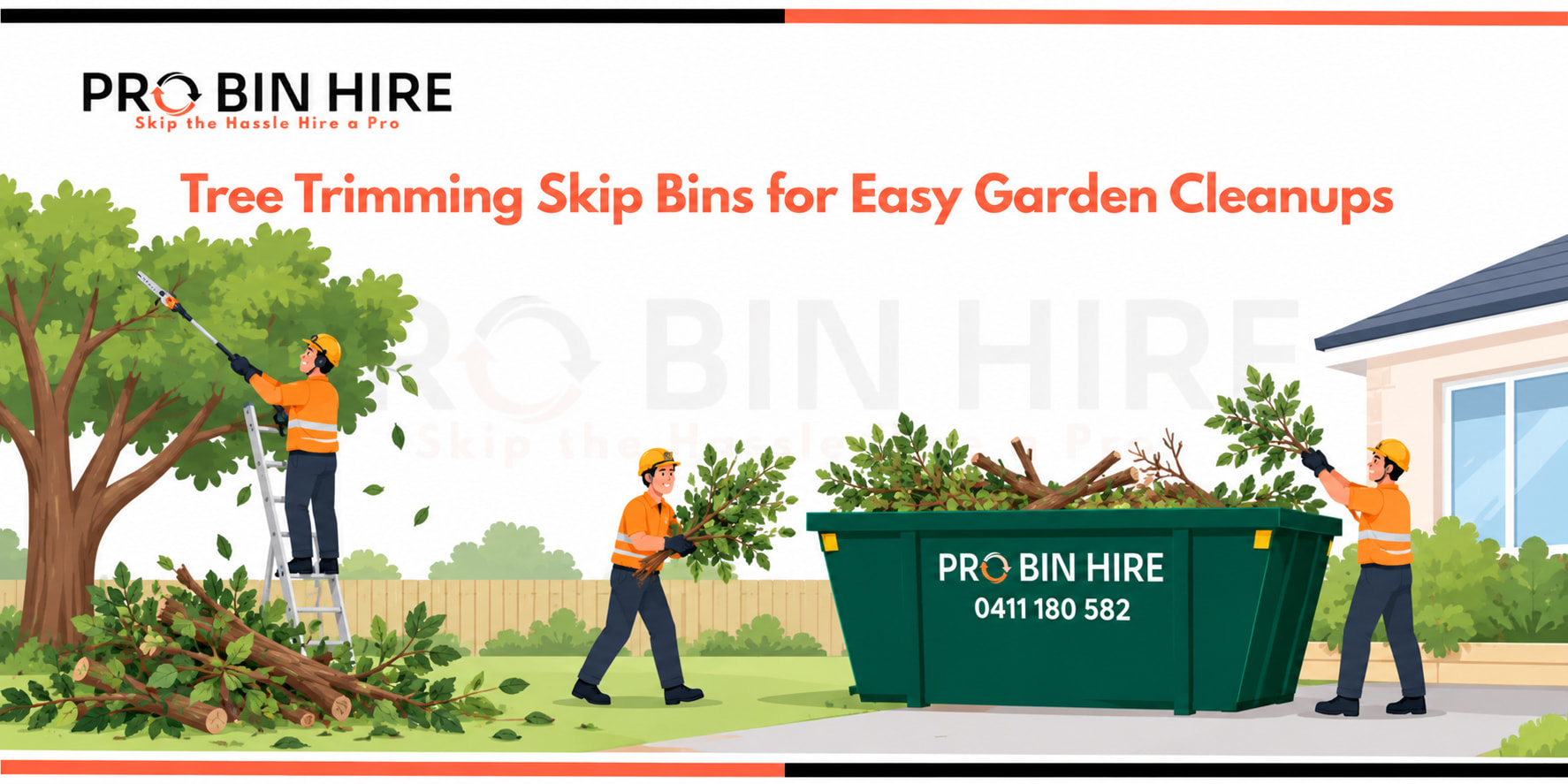 Tree trimming skip bin filled with branches and green waste during a garden cleanup